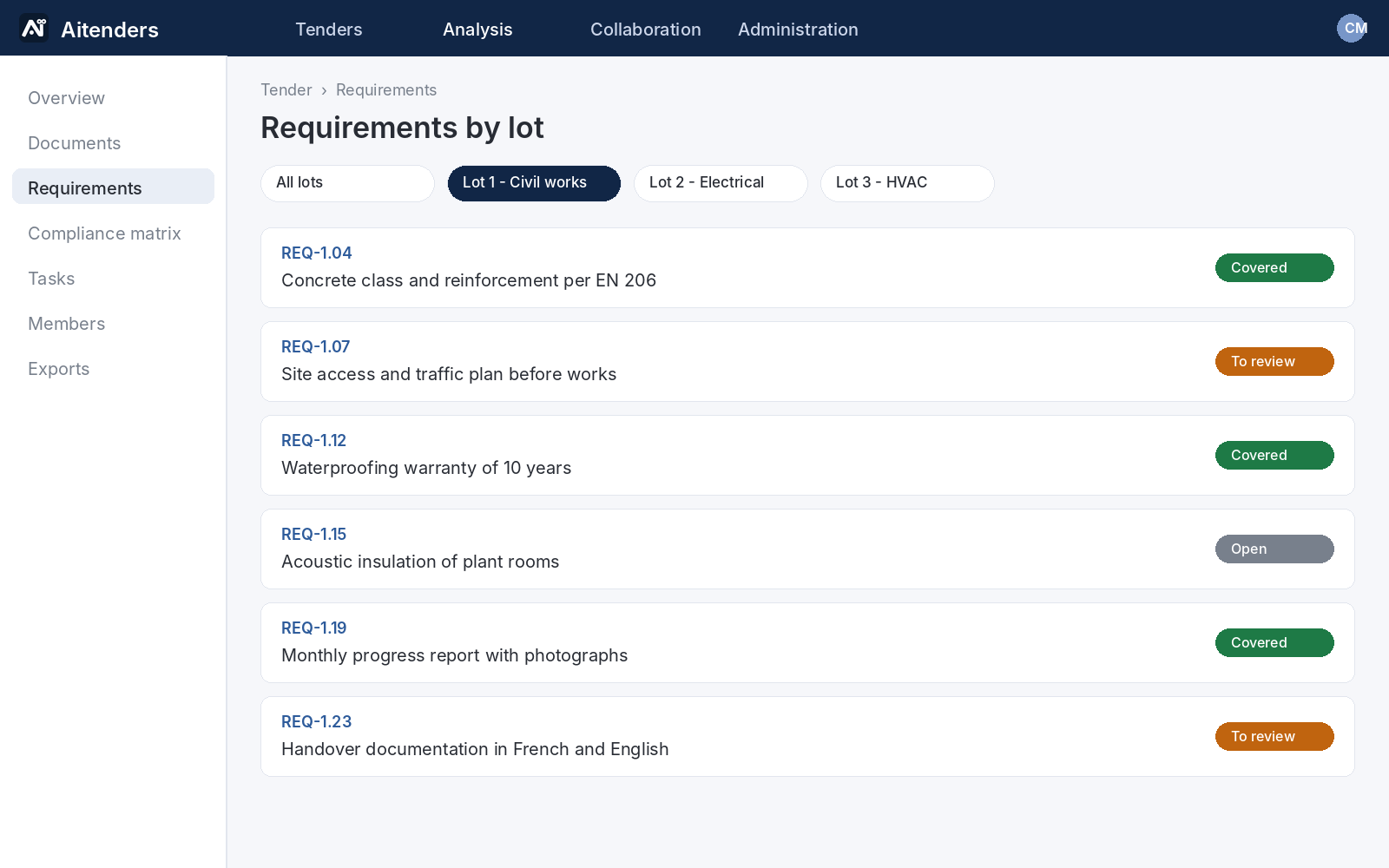Requirements screen filtered on Lot 1